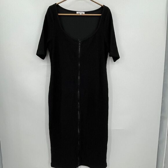 Good American Black Dramatic Zip Ribbed Bodycon Knit Midi Dress Size 5 - Picture 1 of 7